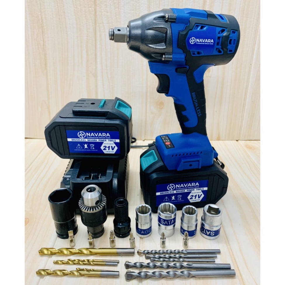 Máy siết bulong dùng pin không chổi than NAVARA 380NM - Tặng kèm bộ phụ kiện 23 chi tiết cao cấp -  Pin khủng 15 Cell fr