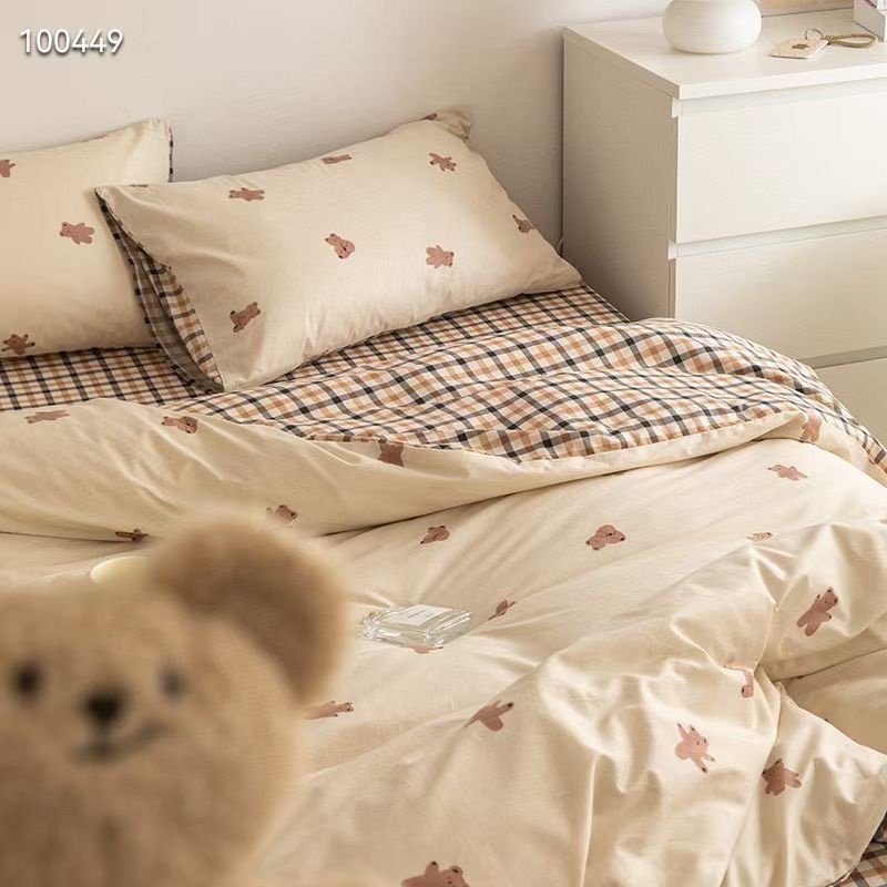 SET VỎ CHĂN GA GỐI COTTON LIVING. mẫu gấu nhỏ kẻ