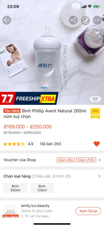 Bình Philips Avent Natural 260ml núm tuỳ chọn