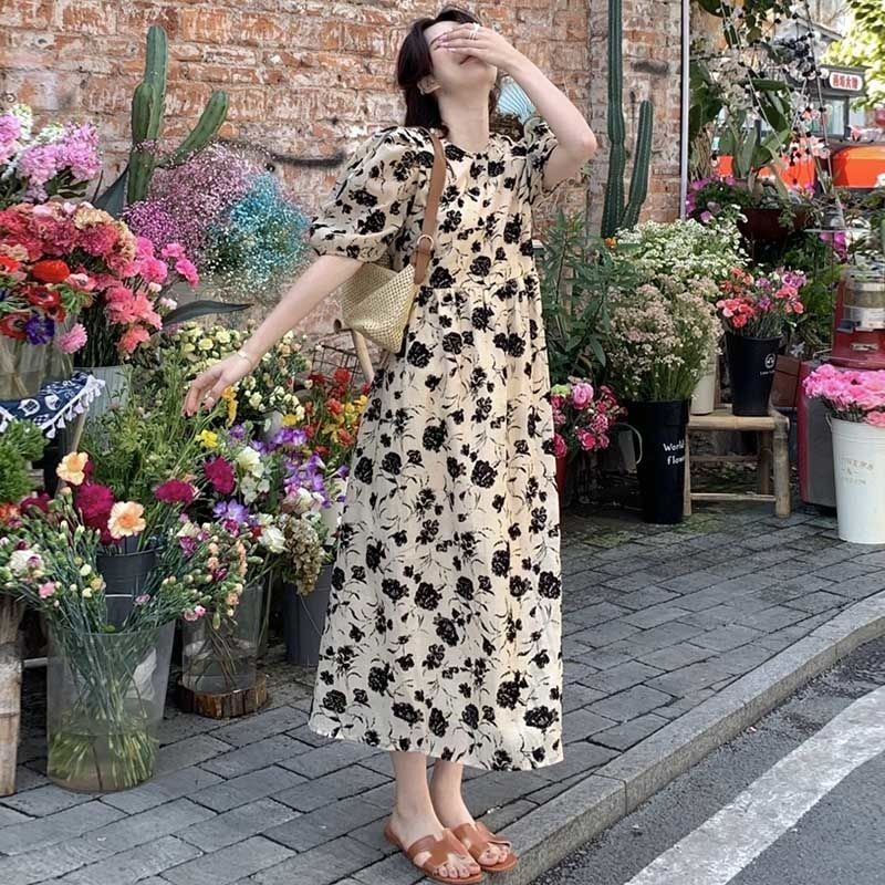 Đầm Dài Đến Gối Tay Phồng In Họa Tiết Hoa Phong Cách Retro Thời Trang Mùa Hè Mới