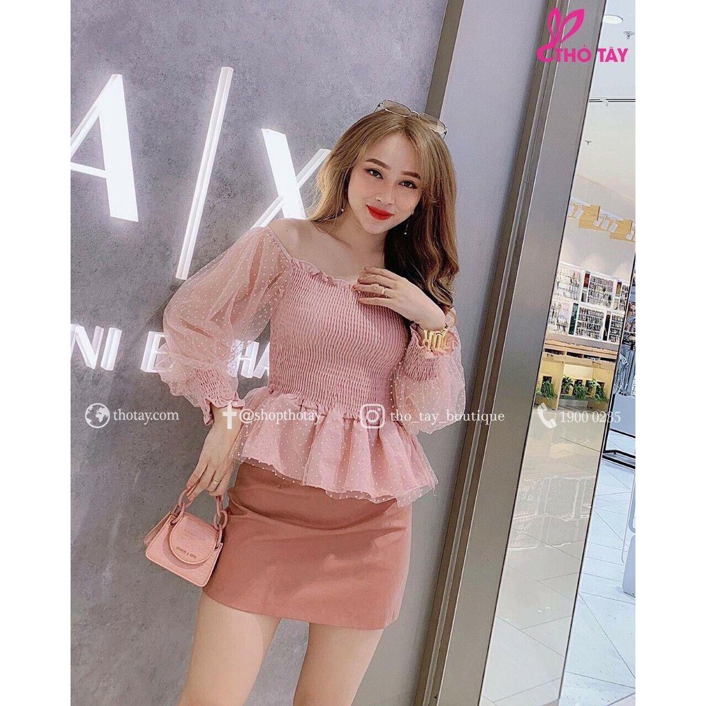 1125A26B1 Áo trễ vai peplum dài tay voan nhún chấm bi tiểu thư ngọt ngào