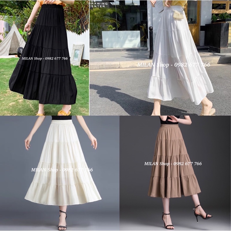 Chân váy dài midi lụa tầng xòe 9 kiểu thời trang