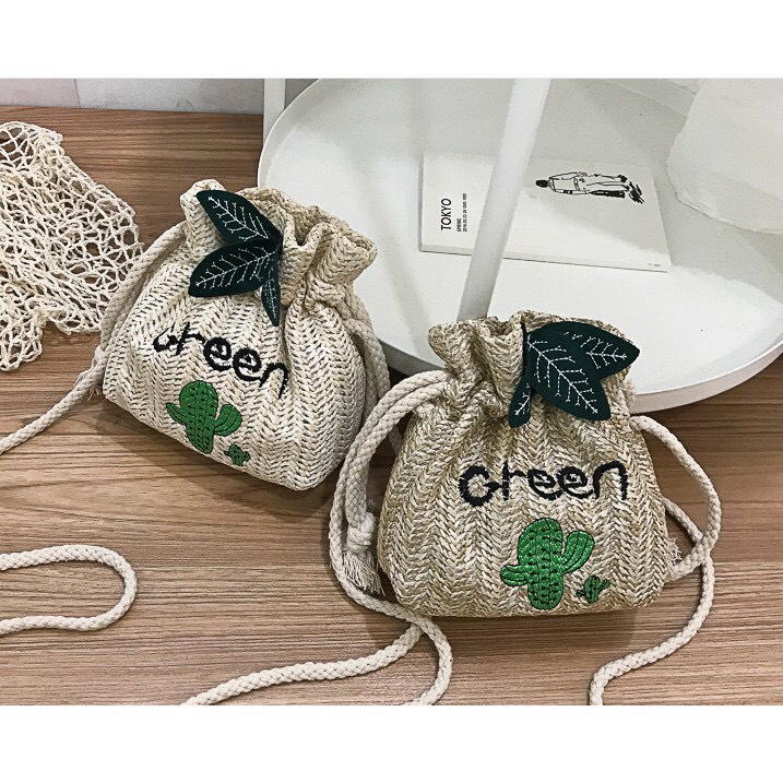 Túi Cói Mini Dây Rút Thêu Cây Xương Rồng Đi Du Lịch, Đi Chơi Dễ Thương
