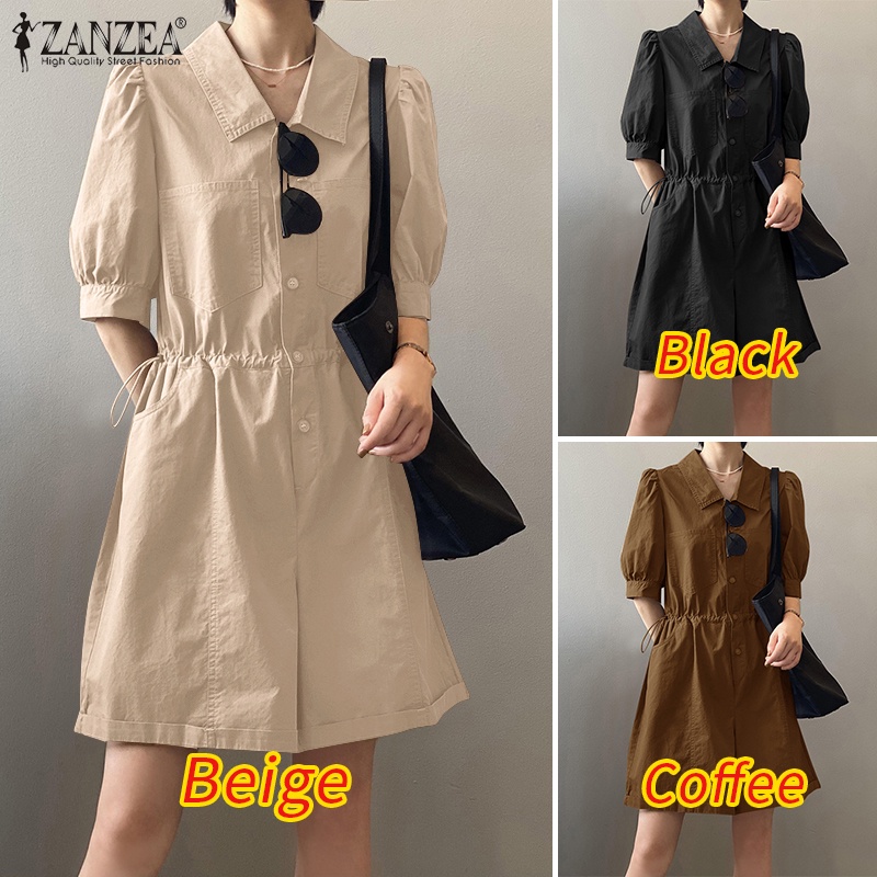 Áo liền quần ZANZEA tay phồng cổ bẻ dáng rộng phối dây rút phong cách Hàn Quốc thời trang cho nữ