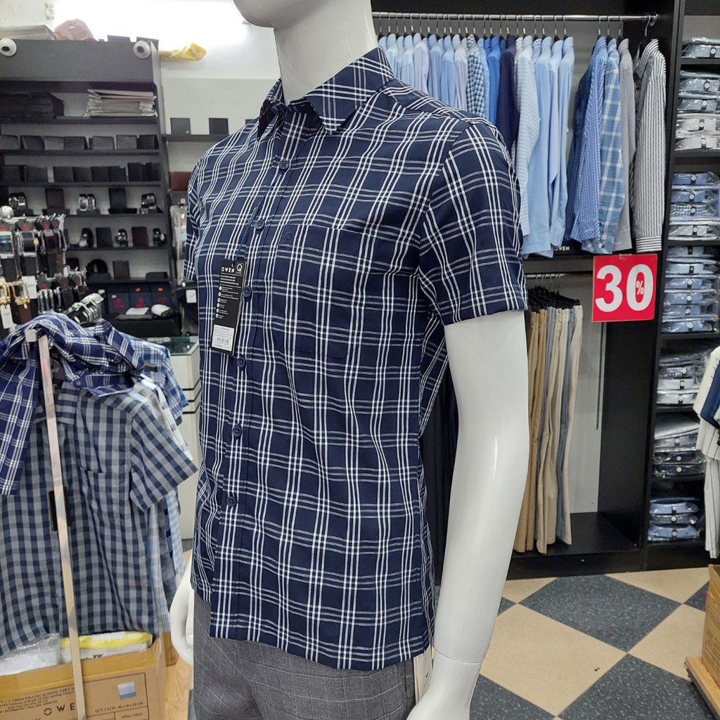 Áo Sơ Mi Nam Ngắn Tay Owen BA22657NT Somi Cộc Tay Công Sở Cao Cấp Kẻ Caro To Xanh Trắng Chất Sợi Tre Body Fit Tà Bằng | BigBuy360 - bigbuy360.vn