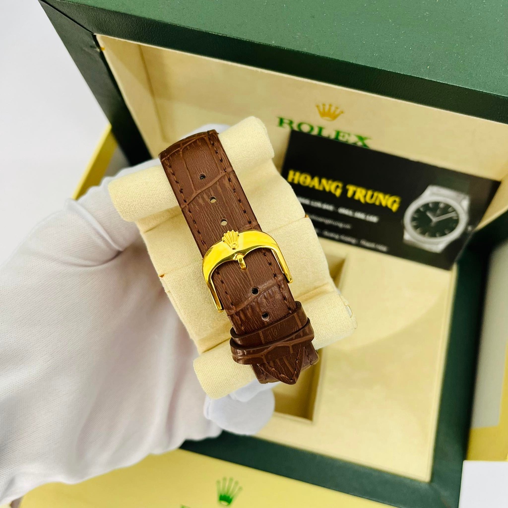 Đồng hồ Nam Rolex máy nhật, mẫu 3kim cắt vát mặt trắng viền vàng dây da, dòng cơ Automatic size 40mm-41mm