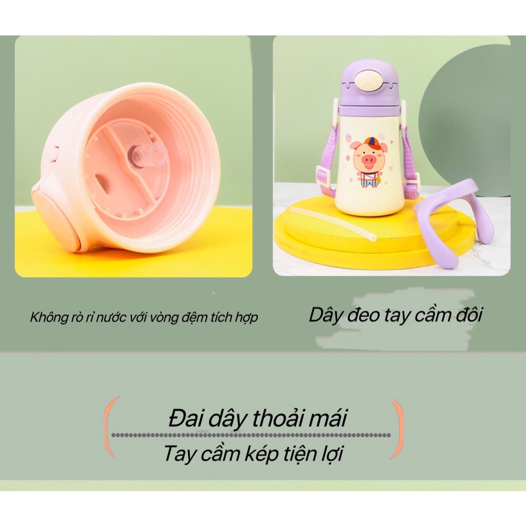 Bình Nước Trẻ Em Giữ Nhiệt 360ml, Bình Đựng Nước Đi Học Cho Bé  An Toàn Kèm Dây Xách