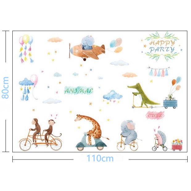 Decal trang trí tường - Cùng nhau chạy xe cùng các bạn thú