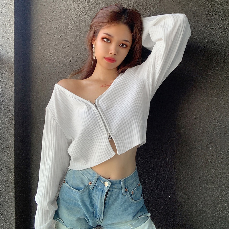 Áo Lửng Tay Dài Cổ Chữ V Thắt Nút Thời Trang Quyến Rũ Cho Nữ