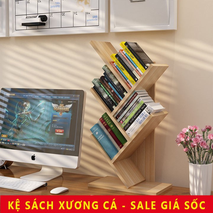 Kệ sách 3 tầng để bàn hình xương cá vân gỗ, BH 3 tháng