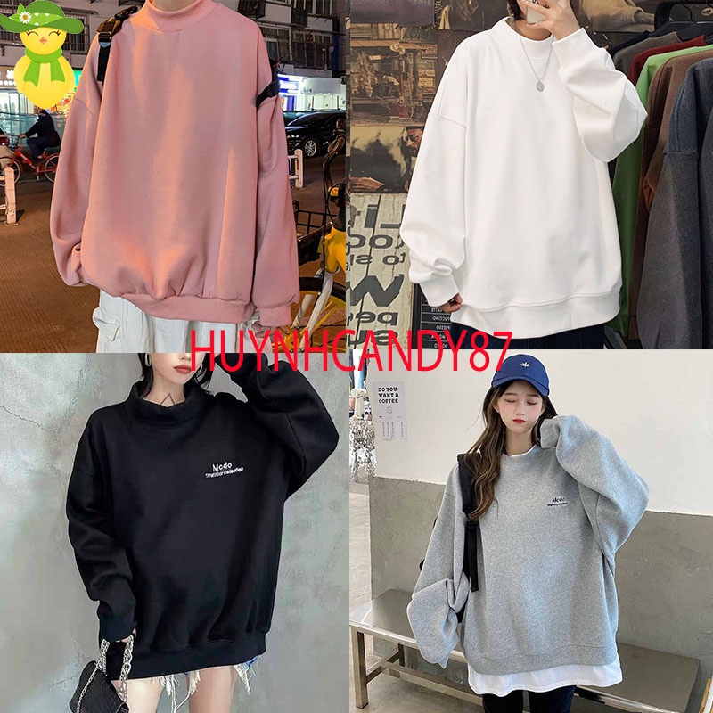 Áo sweater nỉ nam nữ dài tay form rộng kiểu áo khoác nỉ trơn cổ lọ ULZZANG