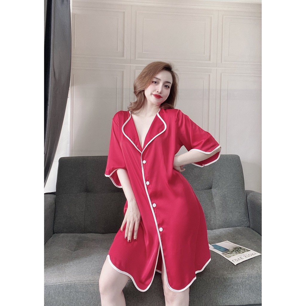 Đầm Ngủ Lụa Senvistore 💕FREESHIP💕 Váy Mặc Nhà Tay Lở Dáng Suông Sơ Mi Vải Mát Ít Nhăn Dưới 75kg Nhiều Màu Viền Trắng