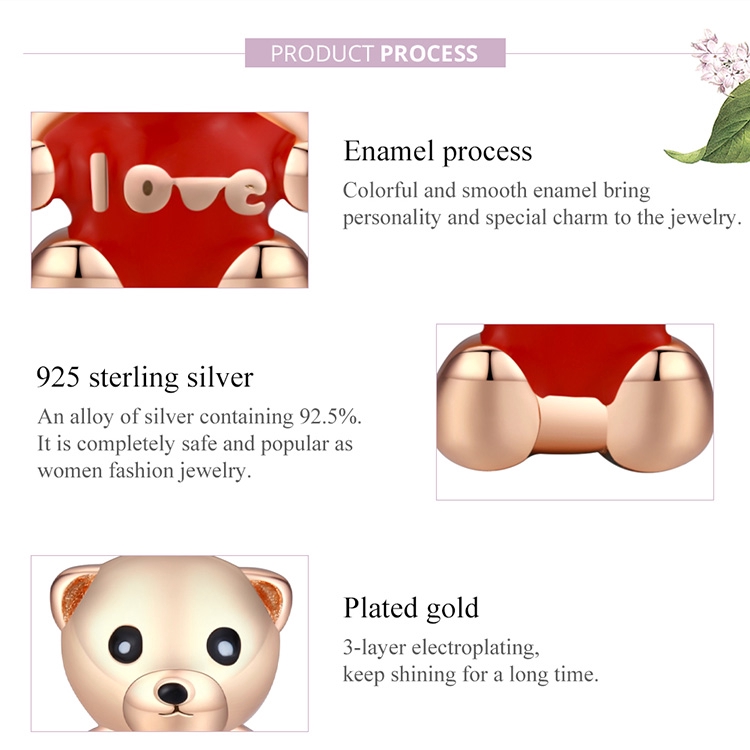 Hạt Charm Bamoer BSC228 Bạc Sterling 925 Thật Hình Chú Gấu Với Trái Tim Đỏ Và Chữ Love Tráng Men Dùng Để Làm Trang Sức