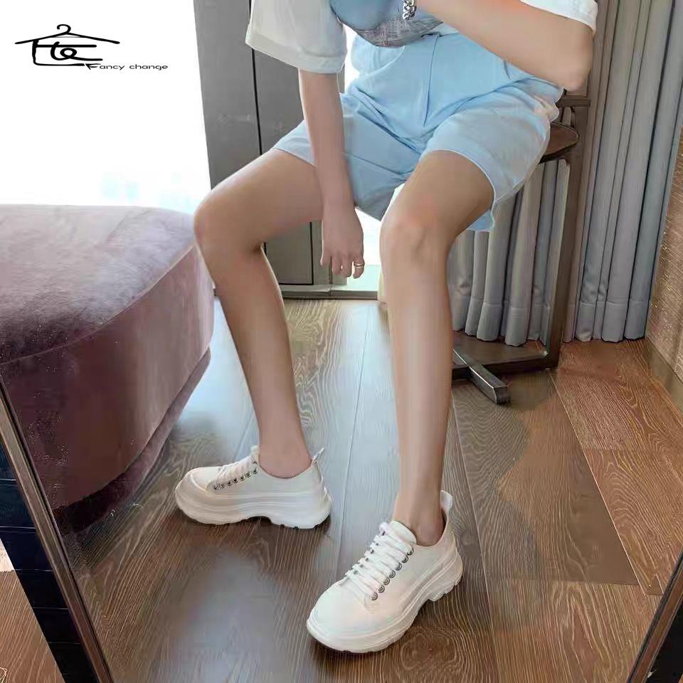 Giày vải bạt đế dày tăng chiều cao màu trắng phong cách hè thu McQueen-2022