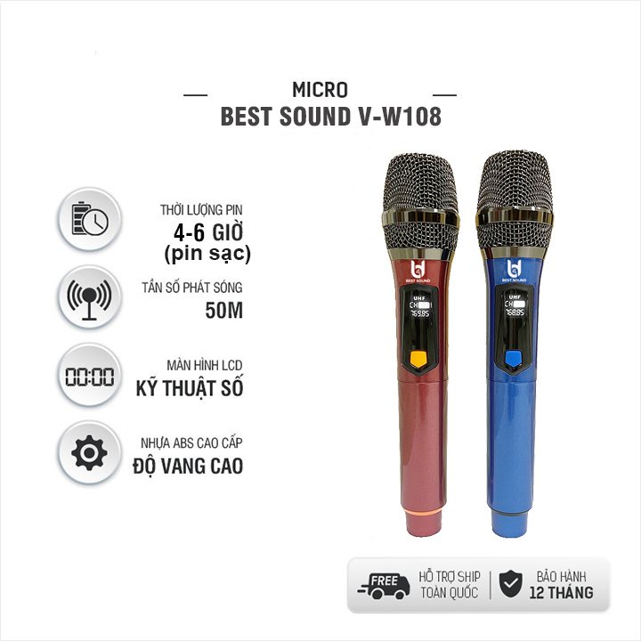 ⚡️Freeship⚡️Bộ Micro không dây BEST SOUND V-W108 Chính hãng, Bộ 2 micro hút âm tốt- Chuyên dụng loa kéo, amply