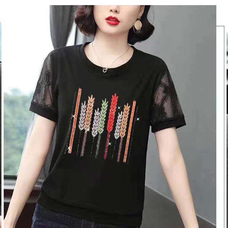 Áo Thun Tay Ngắn Màu Đen Phối Lưới Thiết Kế Cỡ Lớn Thời Trang Trẻ Trung Cho Nữ