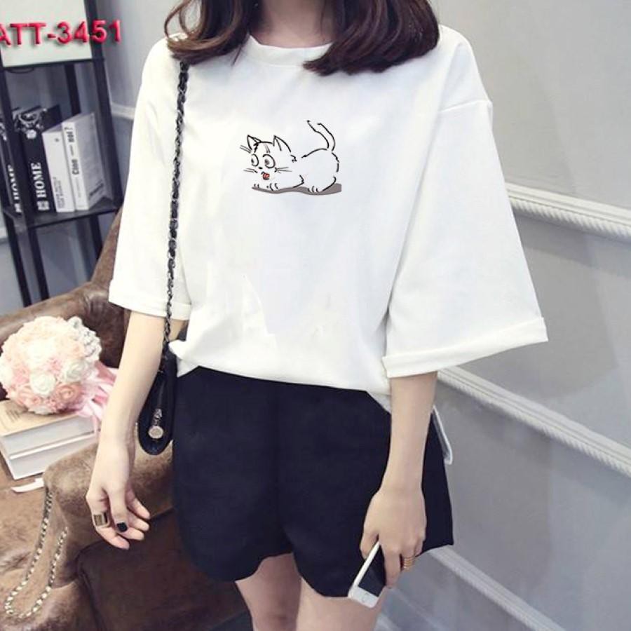 Áo thun nữ tay lỡ Hàn Quốc form rộng in hình mèo rình chuột vài dày mịn TEEWOTL22