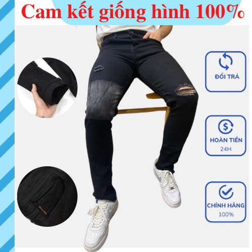 Quần jean nam màu đen chất bò co giãn, rách gối wash bạc 1 bên siêu đẹp