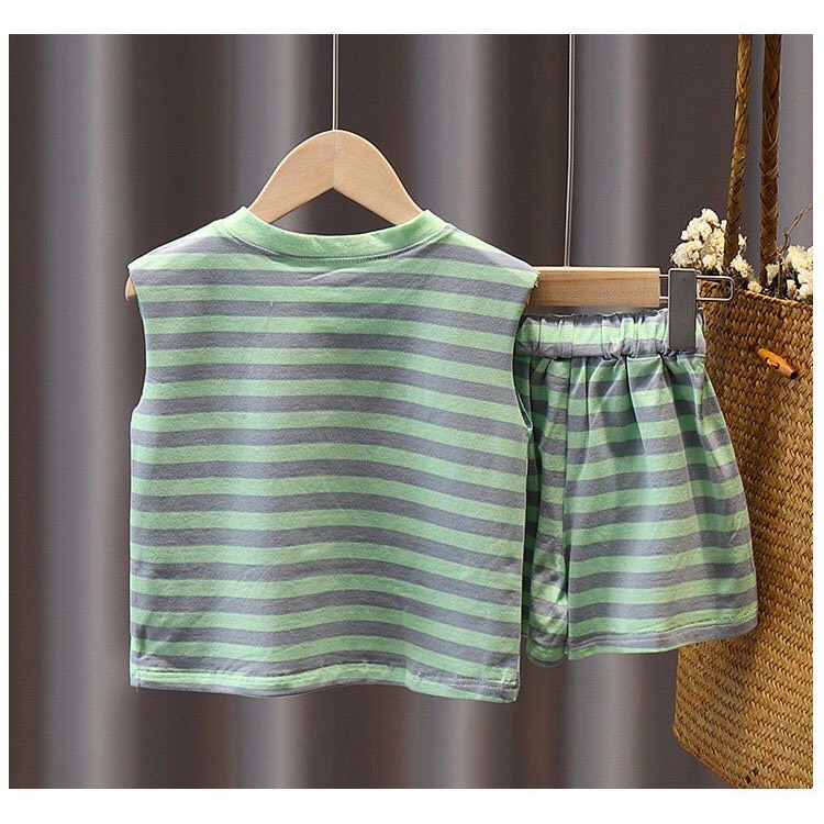 Bộ Quần Áo Ba Lỗ Cotton Kẻ Cho Bé Trai Và Bé Gái Hình Mickey Từ 8 -28Kg Ken Store