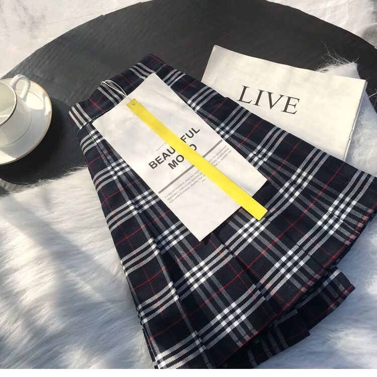 Chân váy dáng chữ A lưng cao xếp ly họa tiết sọc ca rô trẻ trung thời trang