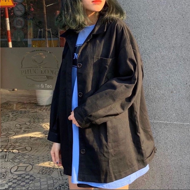 Áo khoác sơ mi unisex form rộng kaki trơn nam nữ phong cách ulzzang Wind - Hàng nhập khẩu