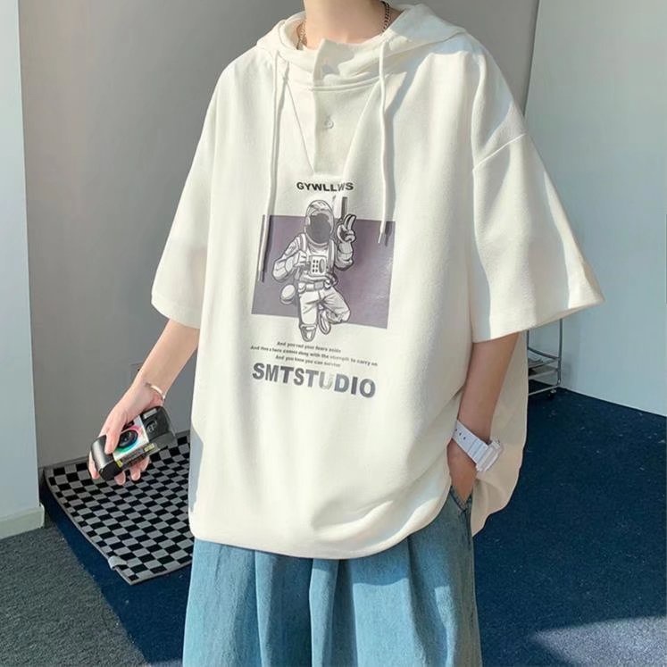 Áo Hoodie Tay Ngắn Dáng Rộng In Hình Phi Hành Gia Kiểu Hip-Hop Đường Phố Nhật Bản Cỡ M-3XL Cho Nam