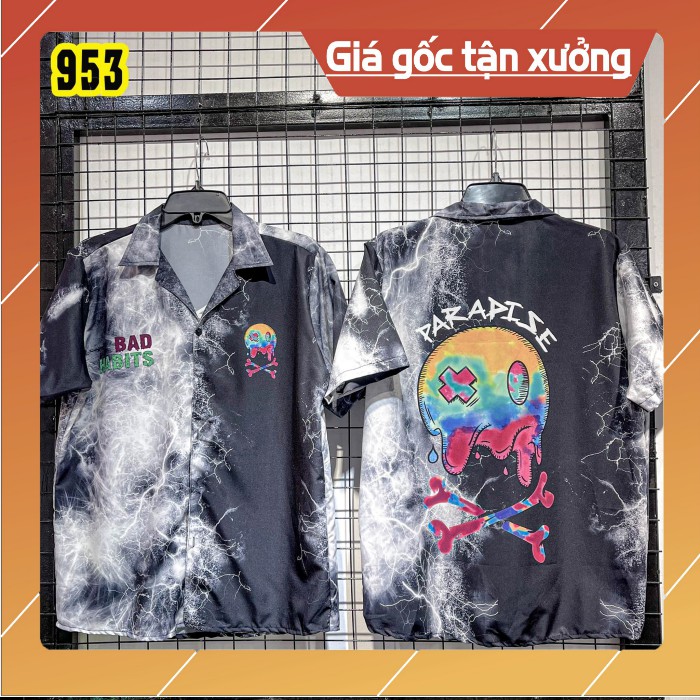 Áo sơ mi lụa nam nữ form rộng tay lở in hình Đầu lâu cực cá tính, chất lụa mềm mịn, thấm hút mồ hôi tốt