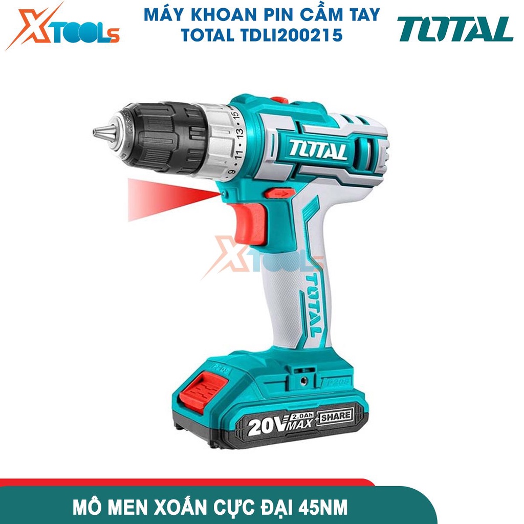 Máy khoan pin cầm tay 20V 10mm Total TDLI200215 hai tốc độ 400-1500rpm, lực mô men 45nm nhông cơ khí- CHÍNH HÃNG- XTOOLS