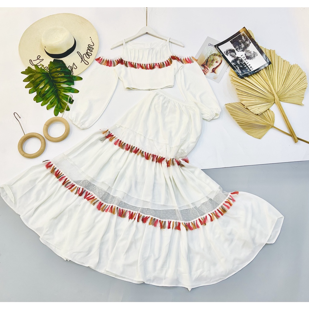 Set váy maxi dễ thương tay rớt vai với chân váy phối họa tiết tiểu thư dáng dài xinh đẹp phong cách XUKA-DRESS DT05