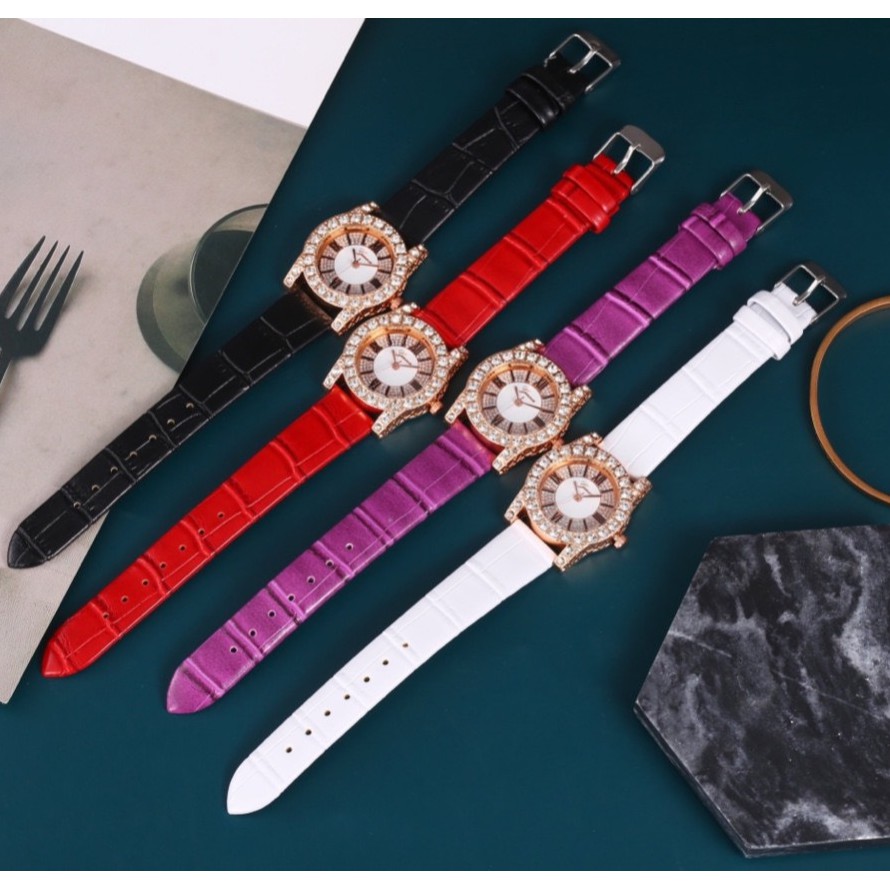 Đồng Hồ Nữ Thời Trang GENEVA Dây Da Mặt Tròn Viền Đá Siêu Sang Chảnh