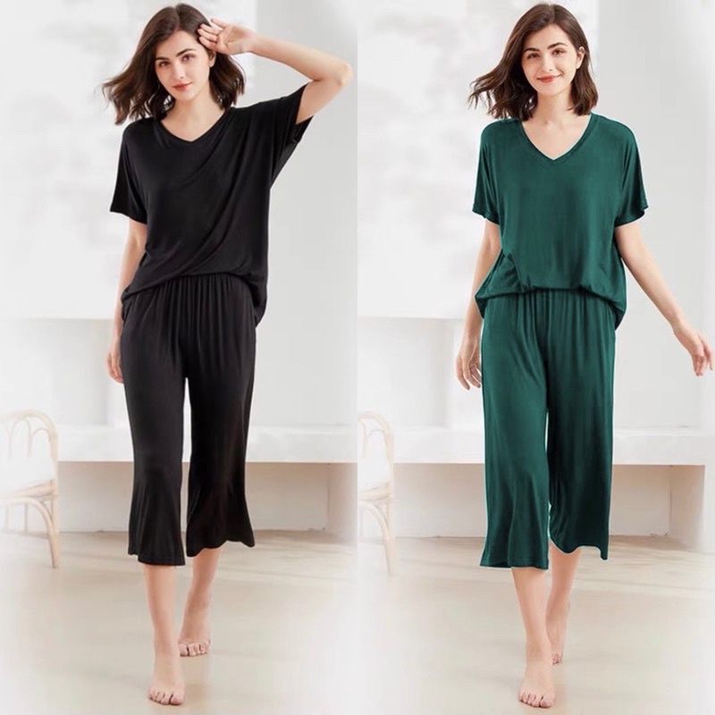 (Thanh Ly) Set bộ bigsize tay cộc quần lửng cổ tim form rộng mặc nhà