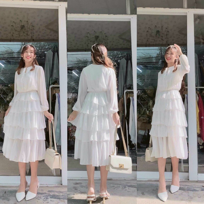 Đầm midi trắng tay phồng | BigBuy360 - bigbuy360.vn