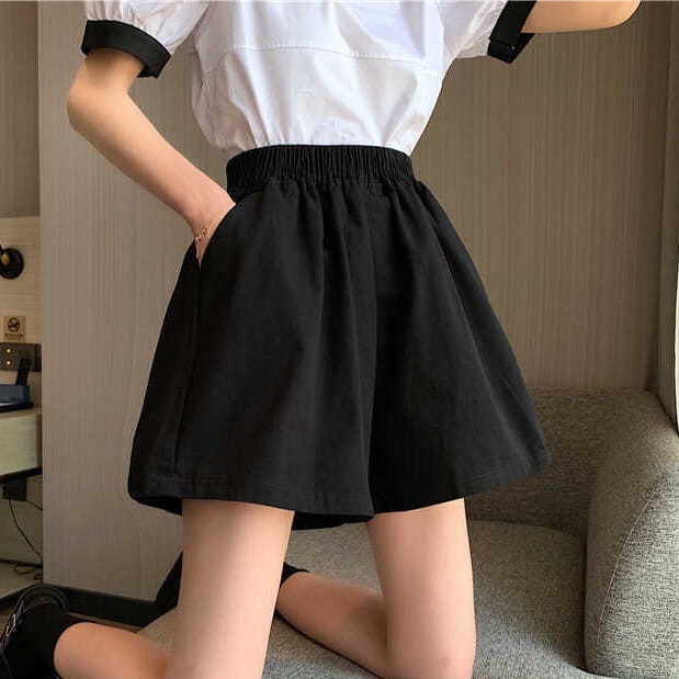 Quần Short Ống Rộng Lưng Cao Co Giãn Màu Đen Thời Trang Mùa Hè Cho Nữ