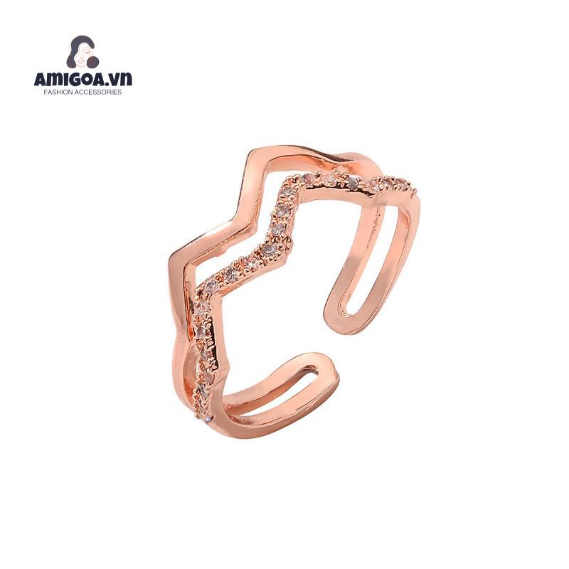 Nhẫn Hai Lớp Họa Tiết Gợn Sóng Đính Đá Zircon Thời Trang Bắt Mắt