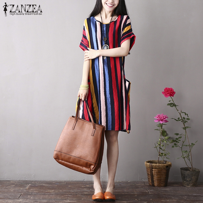 Đầm midi ZANZEA dáng rộng họa tiết kẻ sọc nhiều màu sắc cho nữ | BigBuy360 - bigbuy360.vn