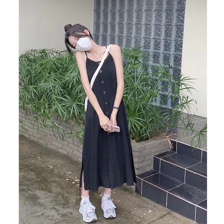 Váy đầm hai dây dáng suông dài chất linen phong cách Hàn Quốc vintage LOVI