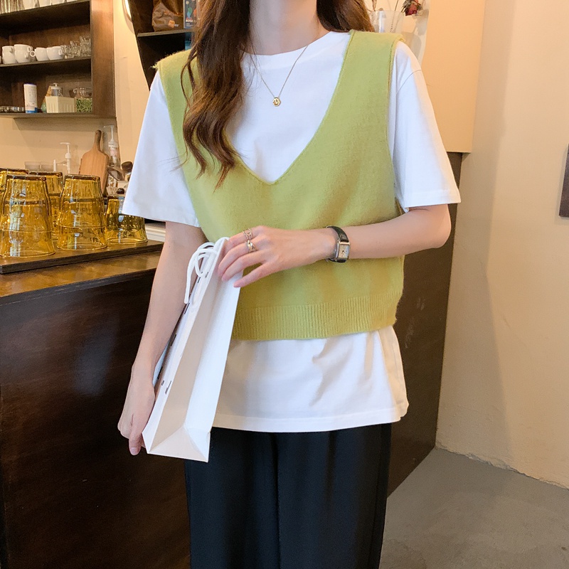 Áo Crop Top Dệt Kim Cổ Chữ V Màu Sắc Đơn Giản Phong Cách Hàn Quốc | BigBuy360 - bigbuy360.vn
