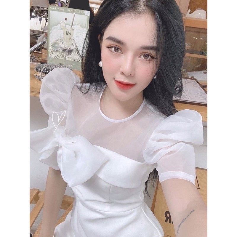 Đầm xoè phối vải kính nơ to đẹp có hình thật sau