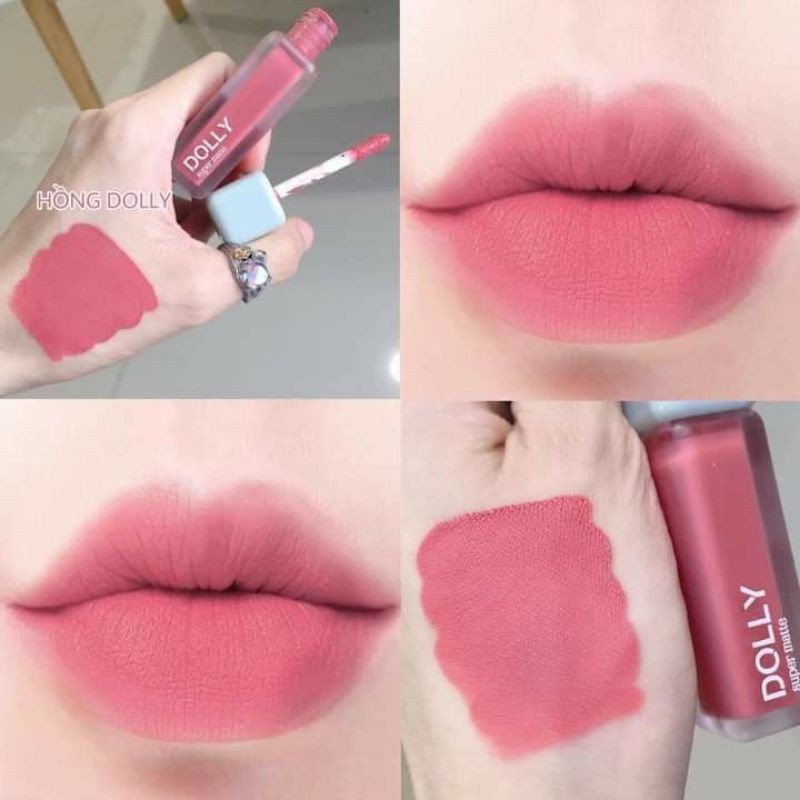 Son kem lì màu hồng Dolly super matte, son kem lì không chì bền màu lâu trôi, mua 2 cây tặng 1 hộp đựng cao cấp