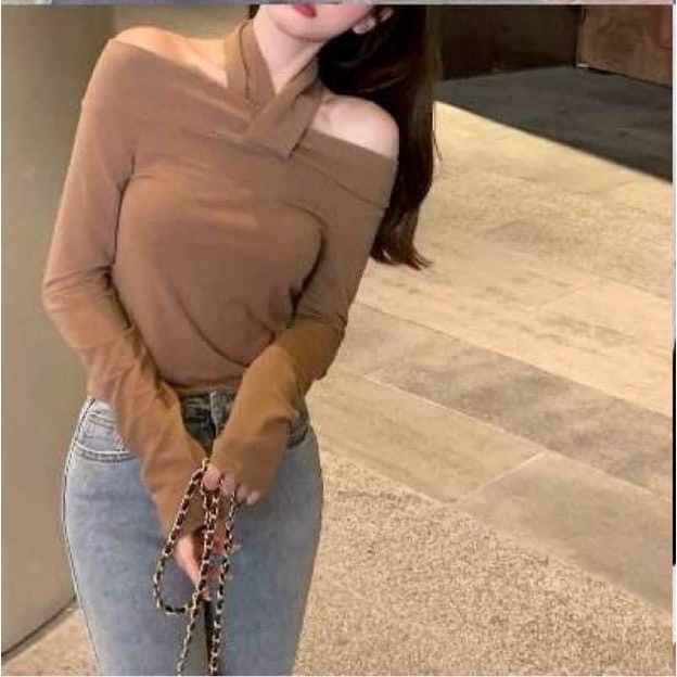 Áo thun tay dài kiểu nữ bệt vai dây yếm chéo chất cotton lụa mềm - 25 STORE