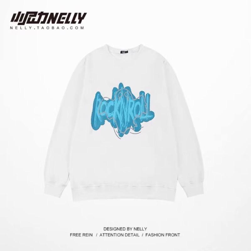 Áo sweater nelly heybig nỉ lót lông sale (có sẵn) rocknroll xanh