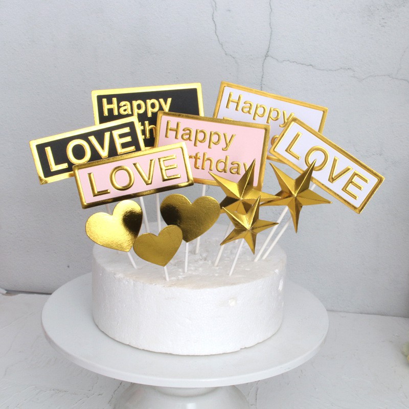 topper cắm bánh [FREESHIP❤️] Set cắm tim love happy birthday - Giấy bạc siêu đẹp