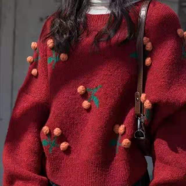 Áo dệt kim cổ tròn thoáng khí họa tiết Cherry xinh xắn dành cho nữ