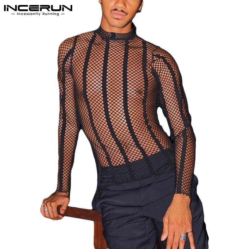 Áo INCERUN dài tay phối lưới xuyên thấu thời trang cho nam