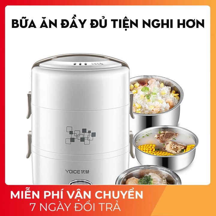 Cặp Lồng Hộp Cơm Điện Đa Năng Nấu Chín Và Giữ Nhiệt Đồ Ăn, 3 Ngăn Chất Liệu Inox Không Gỉ Thích Hợp Cho Dân Văn Phòng