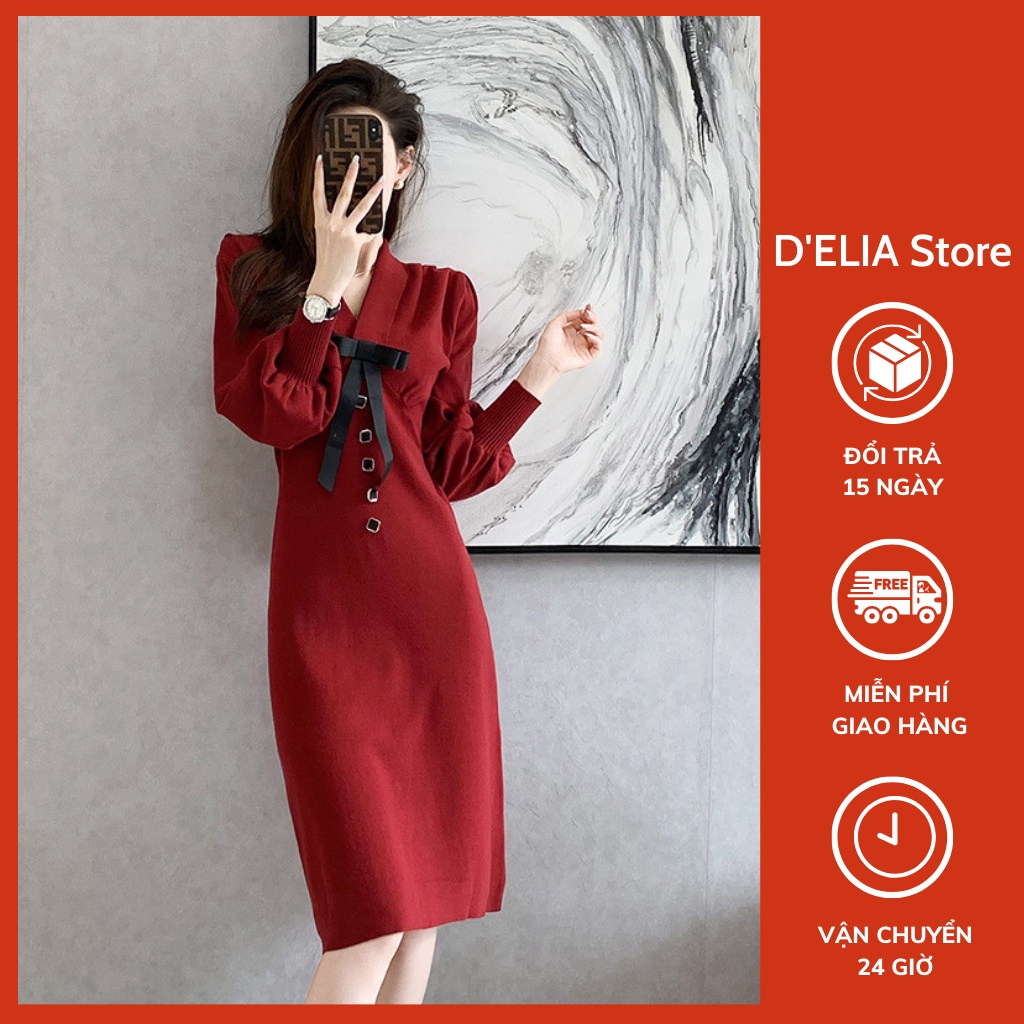 Váy Len Dáng A Đầm Len Cổ V Tay Bồng D'ELIA