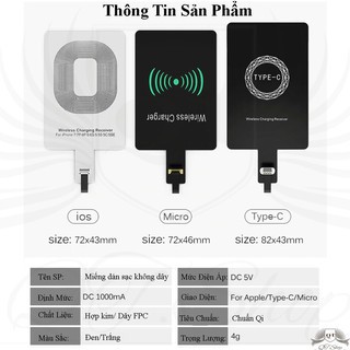 Miếng Dán Hỗ Trợ Sạc Không Dây Chuẩn Qi Đầu Android/Type-C/Lightning iPhone
