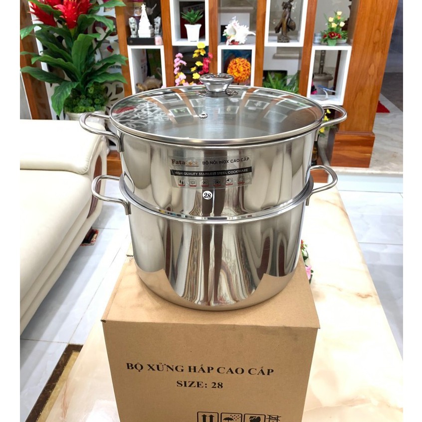 [HỎA TỐC 2H] Bộ nồi và xửng hấp inox 430 bếp từ 1 đáy HT COOK 28cm nắp kính dùng được bếp từ - bảo hành 1 tháng luôn