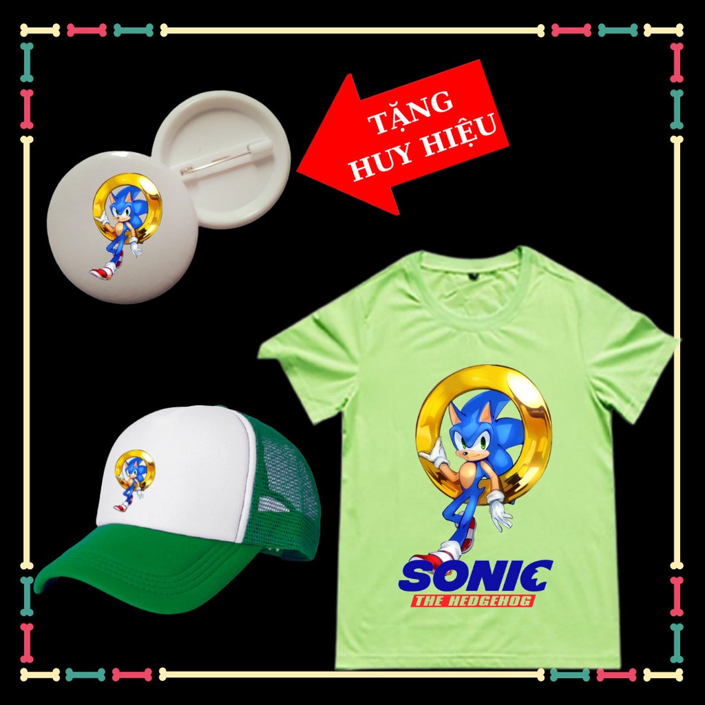 Set Mũ lưỡi trai+Áo thun Nhím Sonic hit hot cho trẻ em đủ size áo từ 10kg đến 80kg-Tặng Huy Hiệu Nhím Sonic