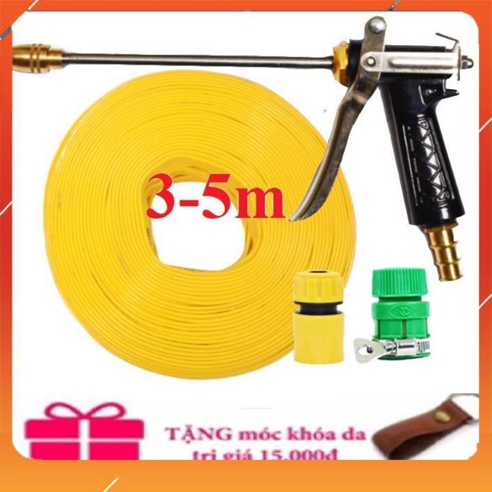 Bộ dây vòi xịt nước rửa xe, tưới cây ✔, tăng áp 3 lần,loại 3m,5m 206318 đầu đồng,cút,nối nhựa vàng+  móc khoá